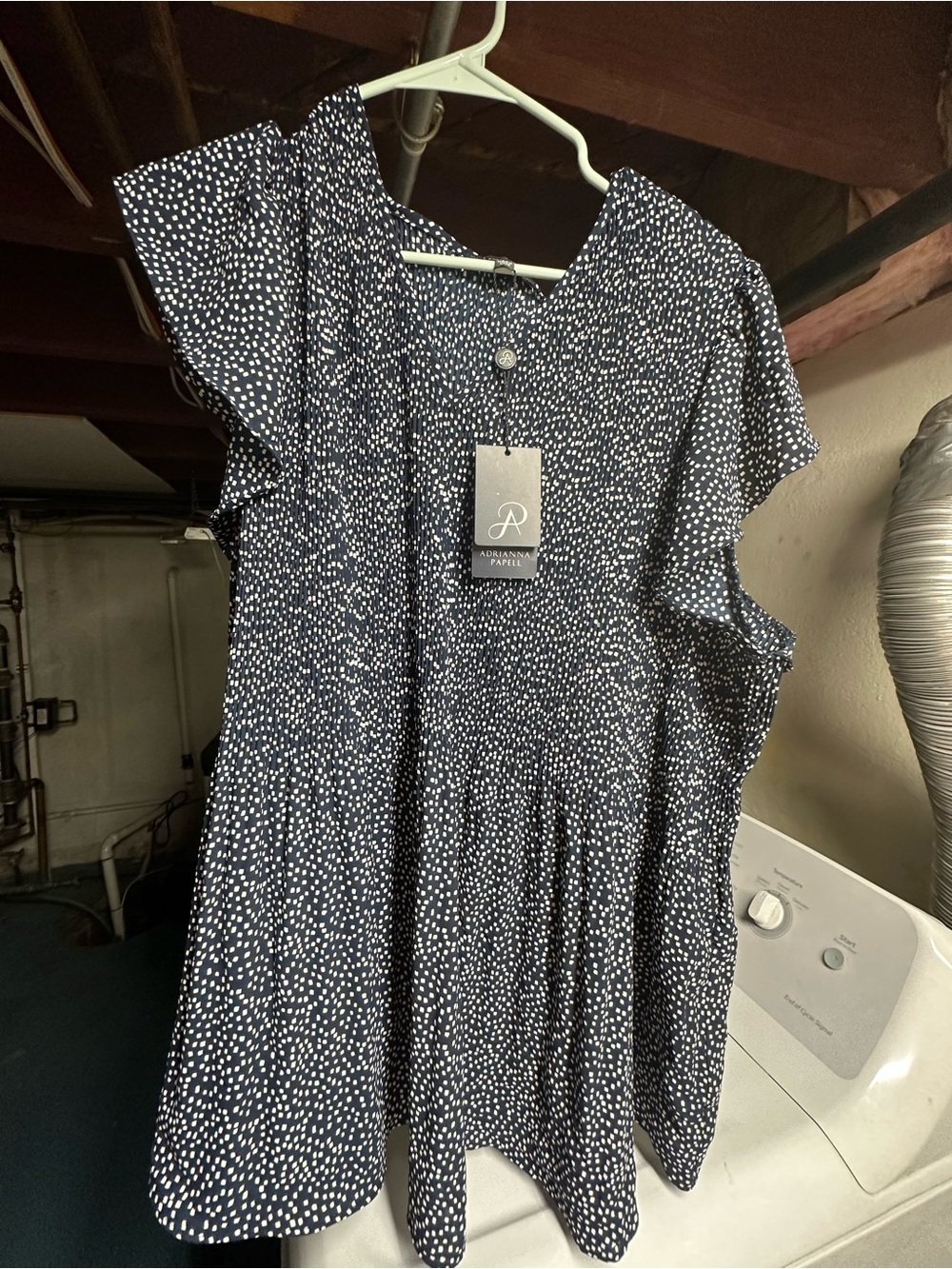Adrianna Papell Navy and White Dot Flutter-Sleeve Midi Top
